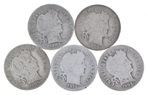 Better Lot 5 1902-O 1903-O 1905-O 1910-D 1903-O Barber Dime 0.50 Face *275