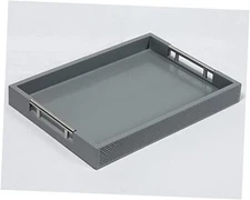 Serving Tray with Polished Metal Handles, 16.5''x12'' Rectangle Coffee Gray