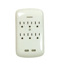 6 OUTLET SURGE PROTECTOR GROUNDING WALL TAP 2 USB PORTS 2.1A CHARGER WHITE