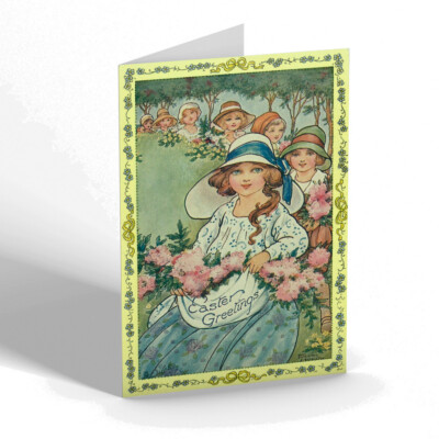 OSTERKARTE - Vintage Design - Linie von Mädchen mit Blumen