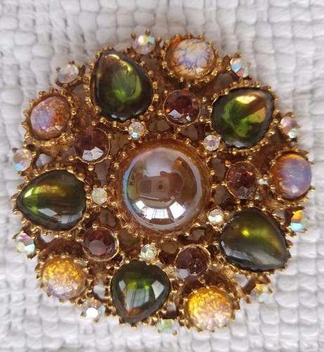 vintage fiery opal moonstone brooch pin multi color stones