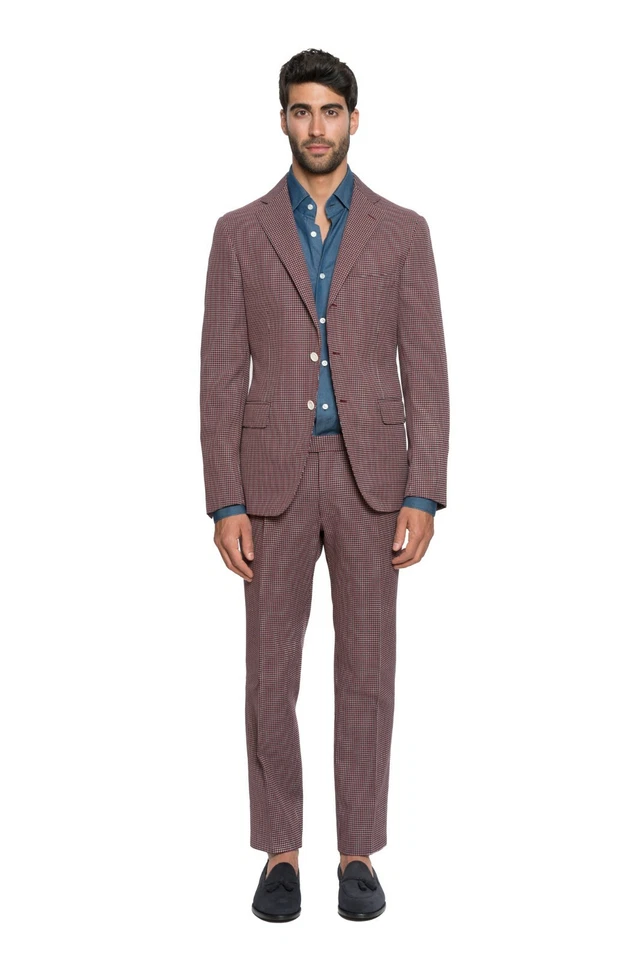 Belvest Rouge & Bleu Costume Carreaux Lourd Coton 40 US / 50 Ue 8R - Photo 2/4