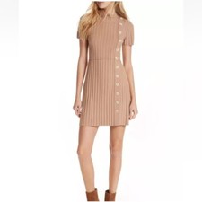 Free People Lottie Ribbed Knit Mock Neck Short Sleeve Sweater Dress Tan size S