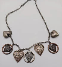 Vintage Heart Necklace Seven Hearts Silver and Brass Patina Chain 18"