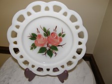 9565 Vintage Hand Painted Peach Roses on Milk Glass Reticulated Edge Plate