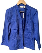 Chicos Blue Cotton Linen Blend Open Front Jacket Size Medium 1 NWT