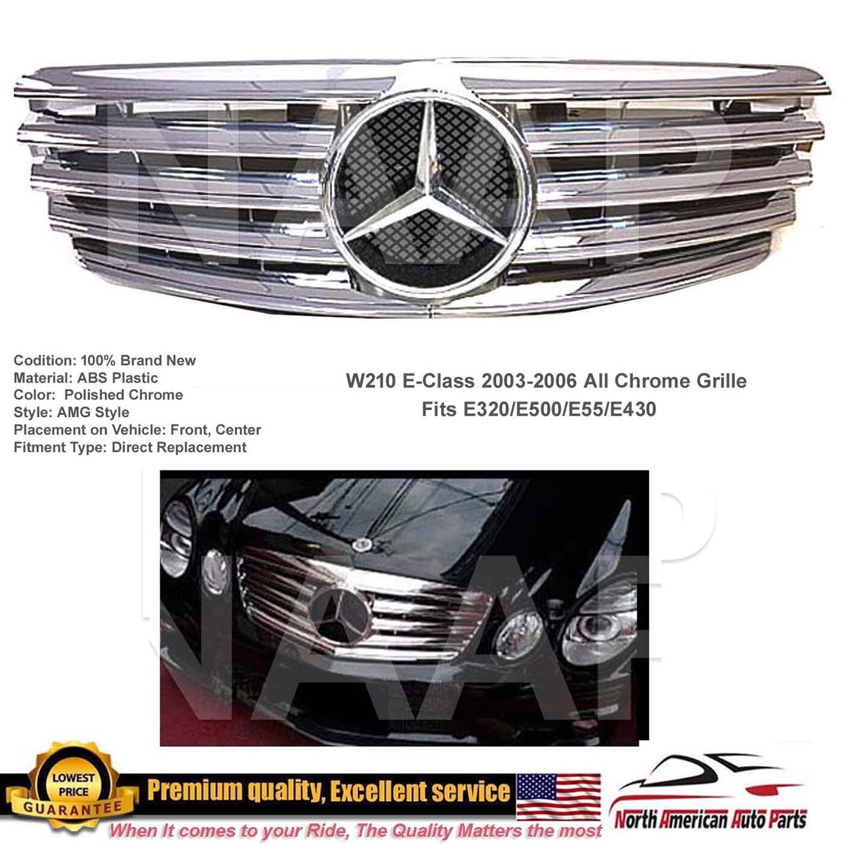 55tech Black 3-Fin Grille – Fits Mercedes W211 E320 E500 E55 2003-2006