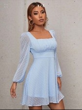 SHEIN PETITE Ruched Bust Lantern Sleeve Swiss Dot Dress size S