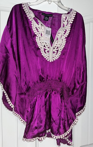 NUEVO Grace Elements Magenta Satin White Crochet Trim Blusa Top Size XL $49 - Imagen 2 de 12