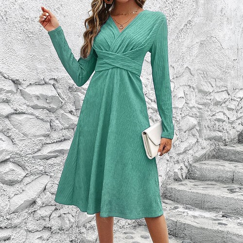 Damen Midikleid Mit V-Ausschnitt Langärmelig Cocktailkleider A-Linien-Kleid* | - Picture 14 of 31