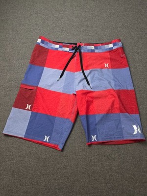 Hurley Phantom Board Shorts Mens 36 Red Blue Plaid Surfing Water Polo Swimwear