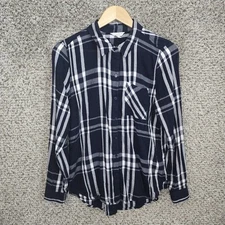 Lucky Brand Top Womens Medium Blue Plaid Button Up Cotton Blend Casual