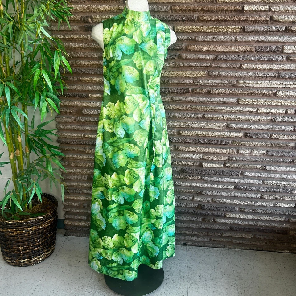 Maxi vestido de cóctel de anfitriona vintage hecho a mano verde floral sin mangas Foto 2 de 4