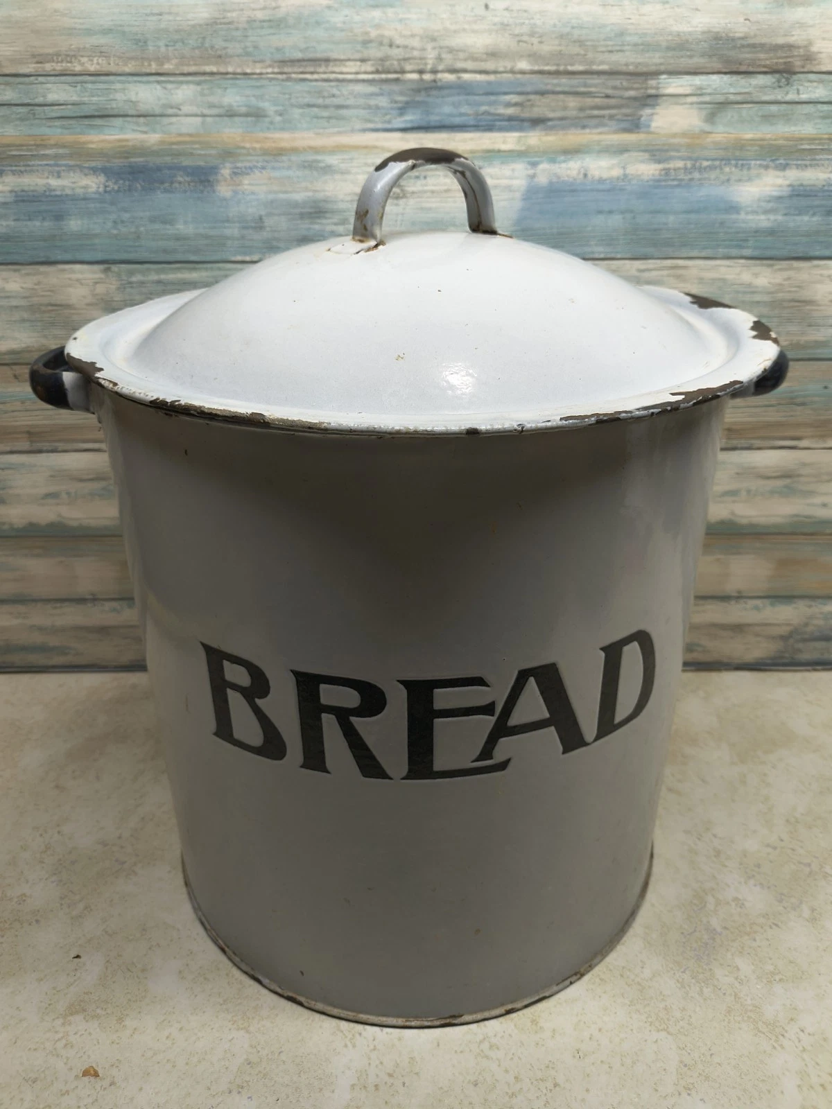 Lovely LARGE Vintage White Enamel Round Bread Bin