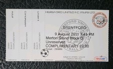 Ticket Stub Hereford United v Brentford 2011 / 2012 Carabao League Cup 1st Round