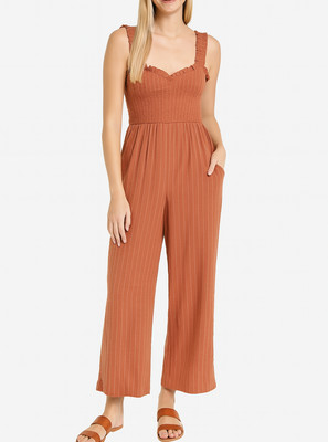 Roxy Adventure Bound Baked Clay Wide Leg Jumpsuit Size L Striped Smocked Bodice