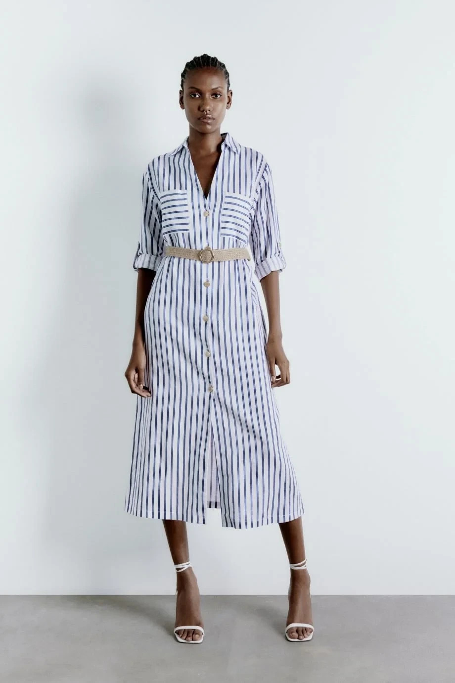 Zara Womens Dress XL White Blue Linen Blend Shirt Tab Sleeves Belted NEW READ
