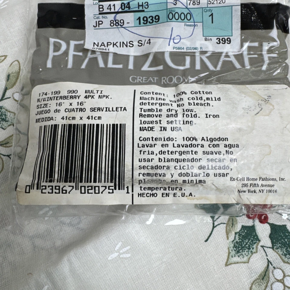 普法尔茨格拉夫冬莓晚餐餐巾 4 件套 Holly Berry 16x16 圣诞节 — 第 3/4 张图片