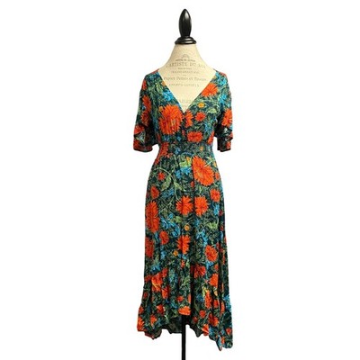 Abel The Label Small Floral High Low Dress Smocked Waist Beachy Tropical Coastal