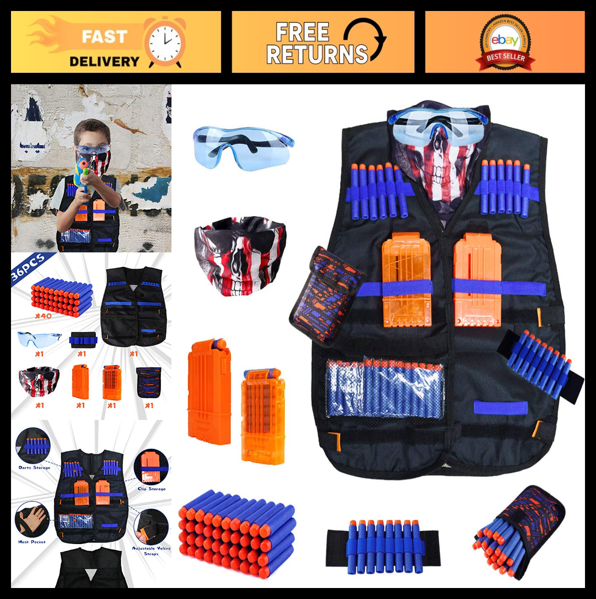 LVHERO Gilet Tactique Ultime Pour Nerf – Kit Complet Avec Masque, Lunettes Et 40 Fléchettes – Cadeau Dès 8 Ans