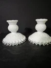 VTG Pair Fenton Candle Holders Silver Crest Spanish Lace Milk Glass Set Of 2