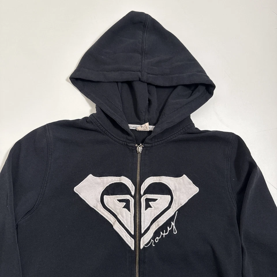 Sudadera con Capucha Roxy De Colección Para Mujer Talla Pequeña Negra Cremallera Completa Y2K Foto 3 de 4
