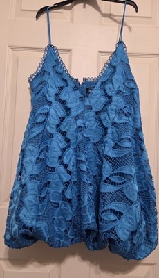 NOVA LUXE Blue Floral Lace Bubble Hem Mini Dress Spaghetti Strap Size L