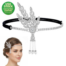 1920S Flapper Headband Leaf Rhinestone Headdress Pearl Tassel Silver Vintage