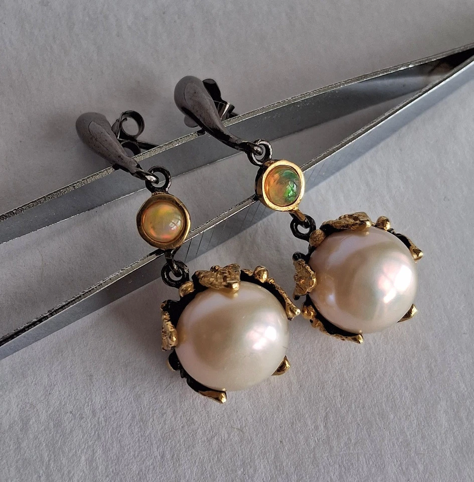 ORECCHINI IN ARGENTO STERLING 925 CON OPALI DI WELO E PERLE NATURALI - Immagine 4 di 4