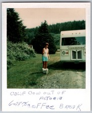 Vtg Polaroid Snapshot Photo Woman Small Dog Champion Camper Rv Astoria