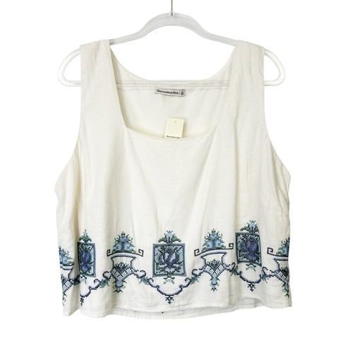 NEW Abercrombie Fitch Embroidered Linen Tank Top Women’s Size XL