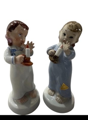 Pair of  Royal Dux Figurines Porcelain Vintage Children Holding Candles 