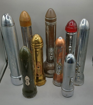 Lot of 9 Vintage Bullet/Torpedo Flashlights Homart Ray-O-Vac Ash Flash