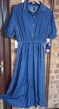 BNWT Blue Soft Denim Blue Dress Embroider Elastic Waist Shirt Dress Modest /L08