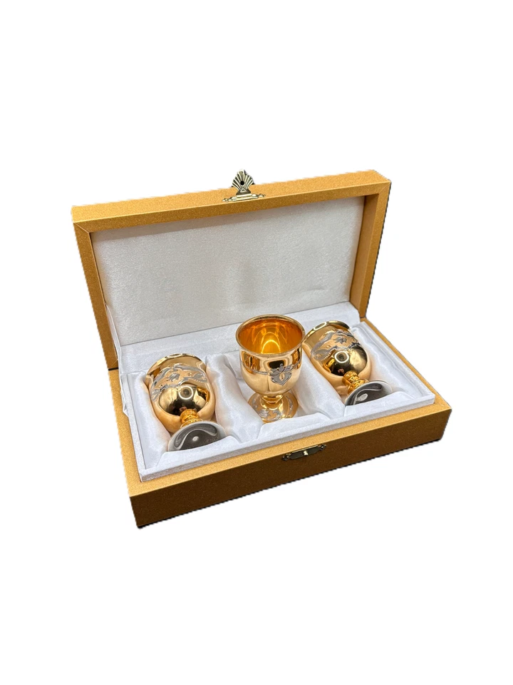 Rare Russian Gold Plated Shot Glass Set of 3 in Box with Certificate Never Used - Image 3 of 4