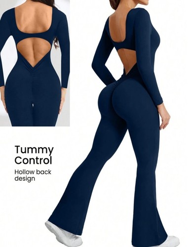 Womans Seamless High Elasticity Solid Backless Long Sleeve Butt Lifting Jumpsuit - Picture 2 of 5