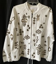 Chico's Size 3 White Cotton Beaded Collarless Windbreaker Jacket Polyester Lined