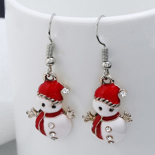 Christmas Theme Earrings Red White Enamel & Rhinestone Snowman Ornament Gift JJ - Picture 2 of 6