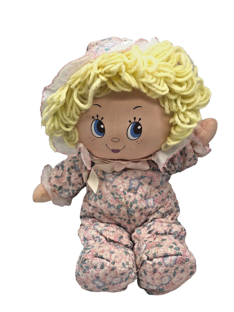 Vtg Soft Babydoll 80s Baby Doll Yellow Yarn Hair Blue Eyes Bonnet