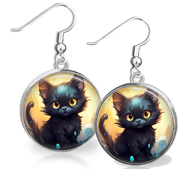 Black Cartoon Cat Mom Gift .925 Sterling Dangle Earrings Hypoallergenic Purrbaby