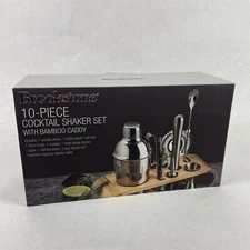 Brookstone 10-piece Cocktail Shaker Set With Bamboo Caddy Muddler Jigger Spoon