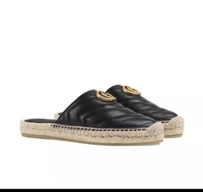 Gucci Marmot Black Leather GG Espadrille Mules Slip On Shoes Women