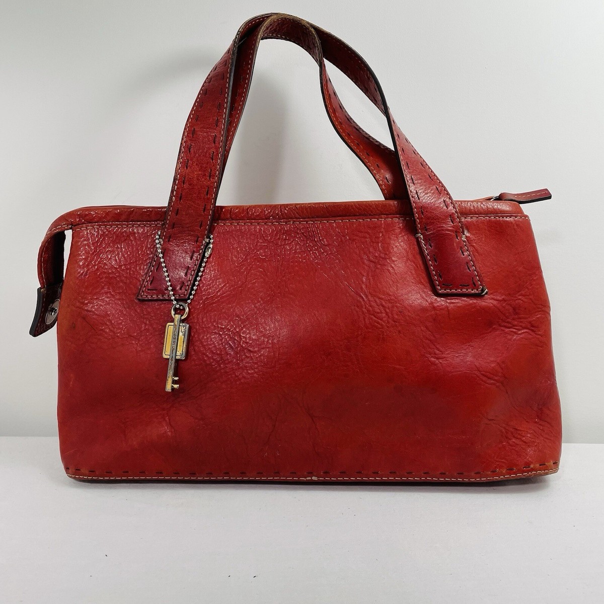 VTG Fossil Sedona Saddle Smooth Leather Red Handle Handbag Purse