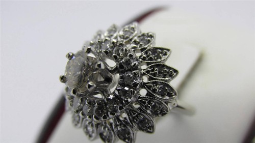Beautiful Vintage 14k White Gold Three Tier Floral Petal Diamond Cluster Ring - Picture 9 of 12