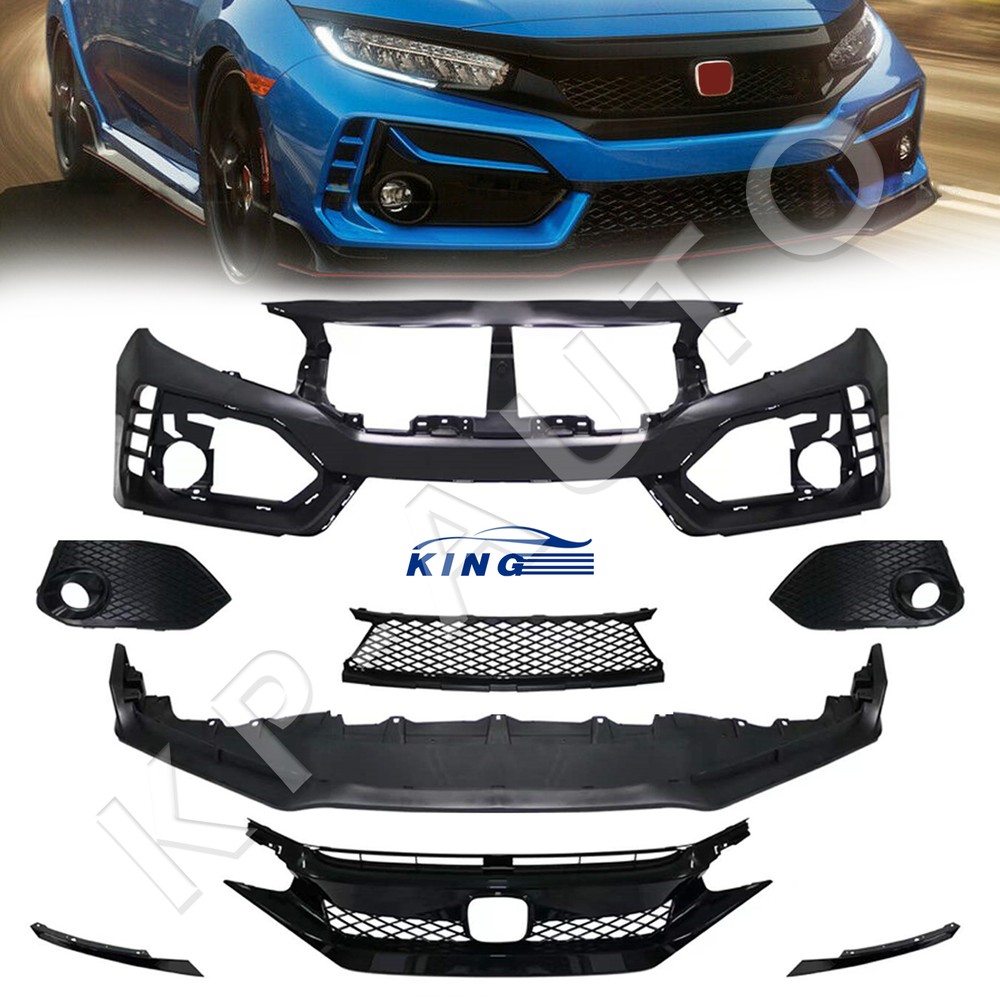 Type R Style Front Bumper Cover Kit w/ Grille & Lip Fit For Honda Civic 2016-21