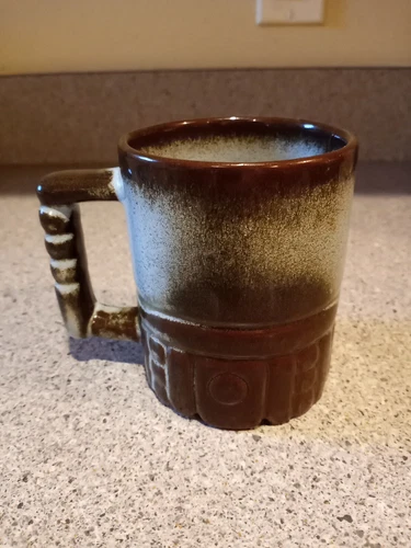 Early Frankoma Ceramic Aztec 4" Mug Brown Blue C4 On Bottom