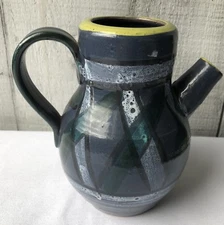 Pottery Pitcher with Iridescent Geometric Pattern Handle and Spout 6 in. ~ ITALY