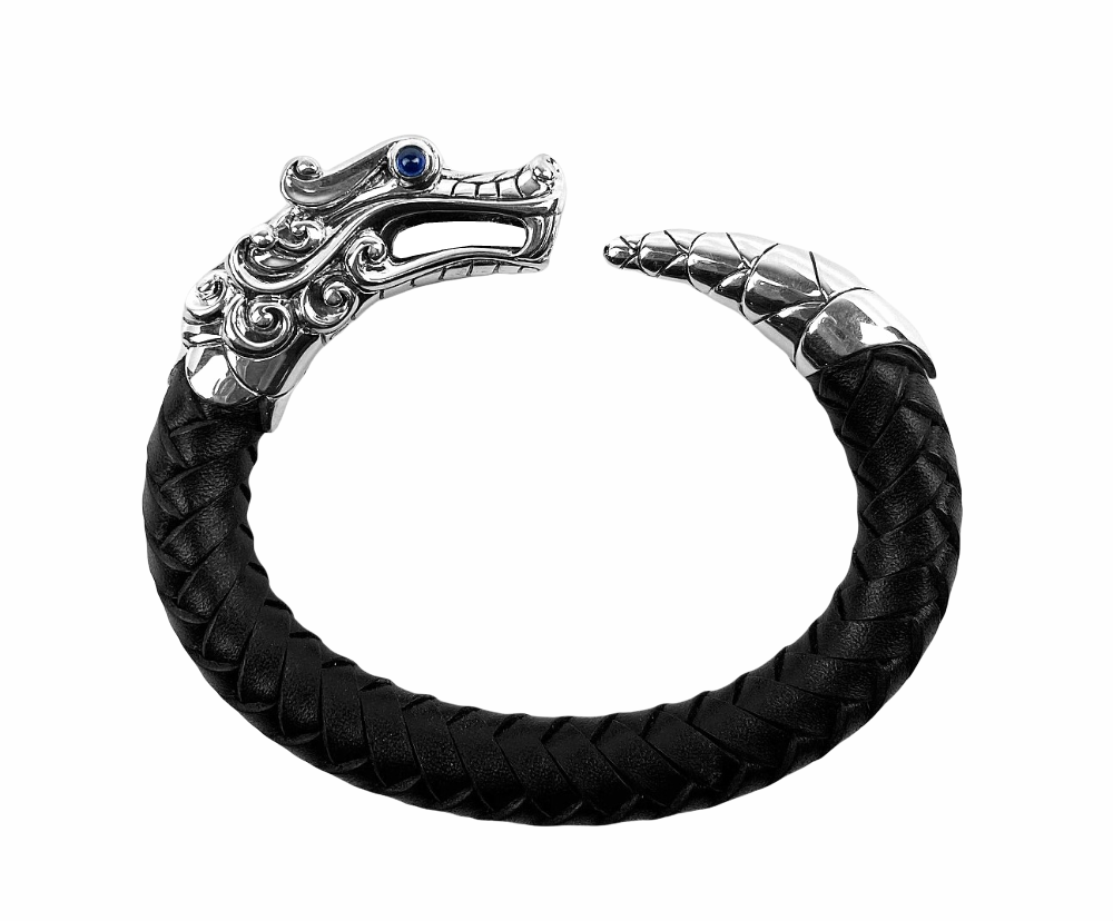 JOHN HARDY LEGENDS NAGA BLACK 10 mm LEATHER SILVER FLEX BRACELET SZ M-L  NEW