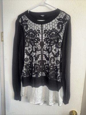 Women's Simply Vera Wang Top Long Sleeve Sweater W Lace Overlay MEDIUM B & W