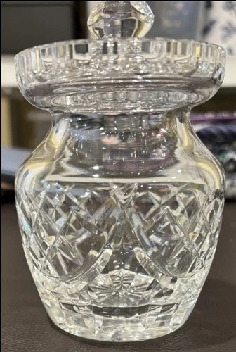 vintage Waterford Crystal honey or jam jar, featuring cut patterns Lismore.